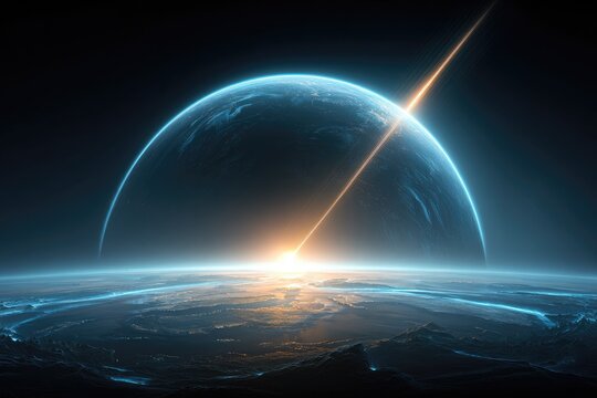 Celestial sunrise over a distant planet