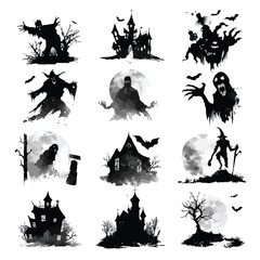 Vector silhouette set of Halloween Scar isolated in White background, silhouette Set, Halloween theme, Vector illustration 
