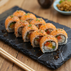 Fresh Salmon Sushi Rolls with Vegetables on Black Slate Plate