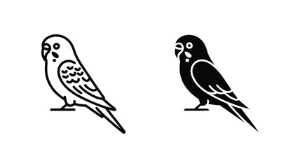 Obraz premium Line art budgie bird icons: outline and solid black versions, simple, minimalist, pet, avian, graphic design elements.