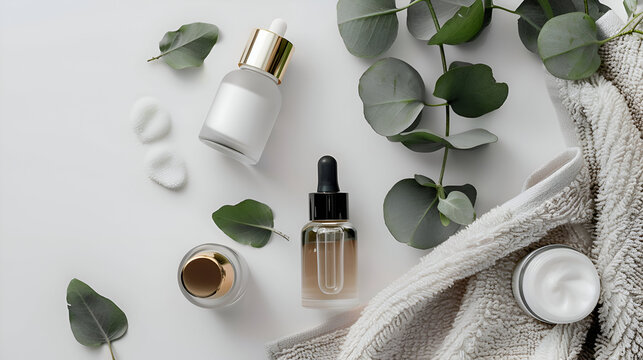 Discover serene self-care with luxurious skincare essentials and fresh eucalyptus, creating a spa-like tranquility for your beauty routine.