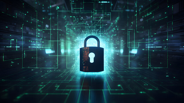 Visualization of digital cybersecurity featuring glowing lock and shield - Powered by Adobe
