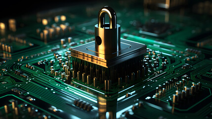 Visualization of digital cybersecurity featuring glowing lock and shield