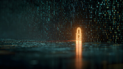 Visualization of digital cybersecurity featuring glowing lock and shield