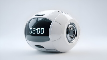 Sleek futuristic spherical device with glowing digital display and intricate metallic lens detail on a clean minimalist background