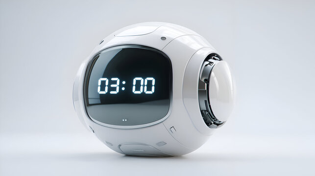 Futuristic spherical robot displaying digital time 03:00 with sleek white design and clean background for technology concepts
