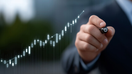 Modern investment analysis concept with businessman engaging in interactive holographic interface displaying market performance, profit growth charts, and stock exchange data,finance, investment, trad