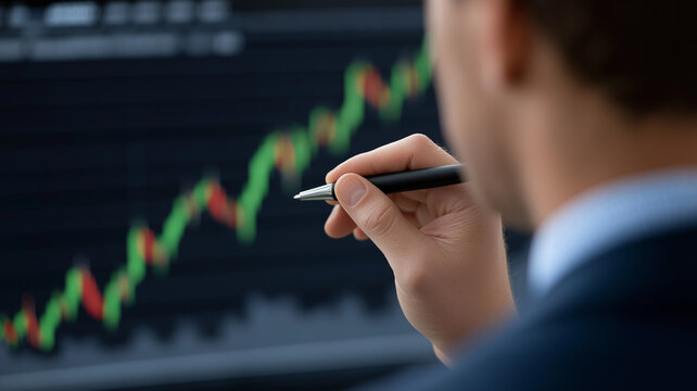 High-tech financial workspace featuring transparent digital display with green candlestick charts, profit statistics, and upward market trends for investment success visualization,finance, investment,