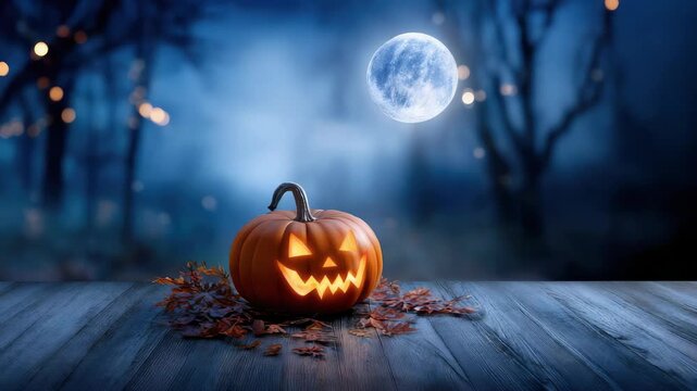 Spooky glowing pumpkin face on old wooden surface at midnight. Large full moon illuminates a dark mysterious forest with subtle magic lights. Autumn leaves scatter on the wood.