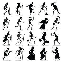 Obraz premium Vector silhouette set of Halloween Skeleton isolated in White background, silhouette Set, Halloween theme, Vector illustration 