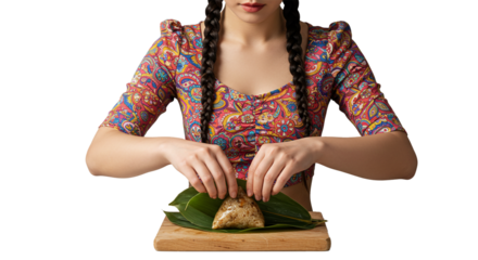 A person with braided hair carefully prepares a traditional rice dumpling, wrapping it in green leaves on a wooden board.
