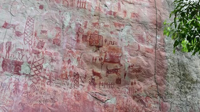 View of the Cerro Azul rock paintings in the rain forest in Guaviare, Colombia