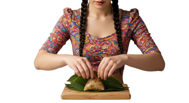 A person with braided hair carefully prepares a traditional rice dumpling, wrapping it in green leaves on a wooden board.