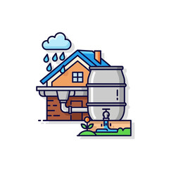 Rainwater harvesting system collecting rainwater from a house roof into a storage barrel for later use.