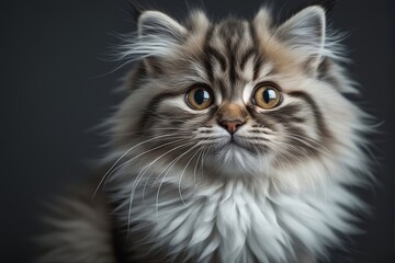 Adorable kitten with light fur, pink nose, and bright eyes sits against a light grey background, radiating innocence and charm. AI generated.