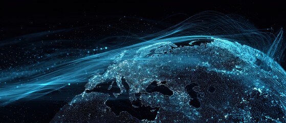 The digital globe with glowing lights and flowing data streams in blue.