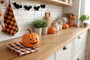 Obraz premium Colorful Halloween decorations create a festive kitchen atmosphere with pumpkins and checkered cloth