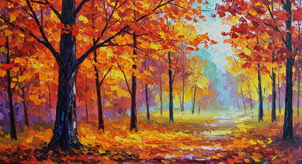 Fototapeta premium Golden autumn. Oil painting landscape - colorful autumn forest. Abstract paint.