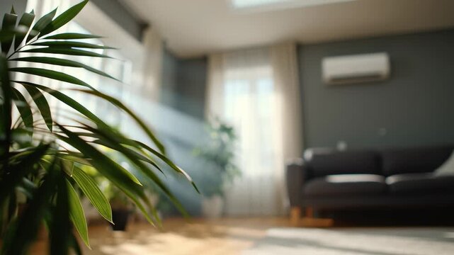 Sunlight fills cozy living room with home air conditioner care, plants enhancing comfortable space and natural light indoors