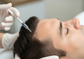 Closeup of hair growth treatment injection into scalp for hair loss