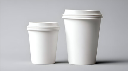 Two blank white disposable coffee cups with lids stand side by side, ready for branding and customization in a clean studio setting