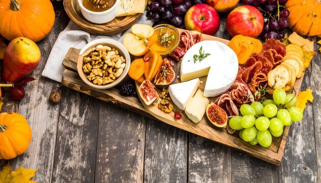 Autumnal Cheese Board with Fruits Nuts Honey and Pumpkins on Rustic Wood.