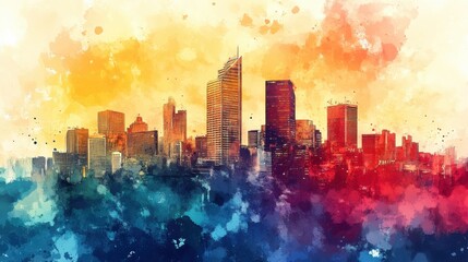 Obraz premium Vibrant cityscape with skyscrapers under a colorful sky