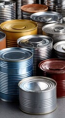 Close-up of different types of tin cans stacked as a background, featuring their detailed metal textures. 