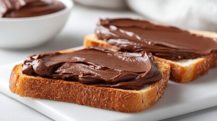 Close-up of toasts with smooth chocolate spread, perfect for a quick breakfast, placed on a white table. 