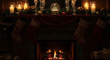 Cozy Christmas fireplace scene with stockings, candles, and snow globe, evoking warmth and joy