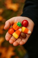 Child&rsquo;s Hand Holding Halloween Candy &ndash; Trick-or-Treat Moment Close-Up