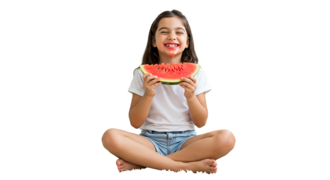 A joyful young girl with a big smile happily eats a juicy slice of watermelon, enjoying the sweet summer fruit.