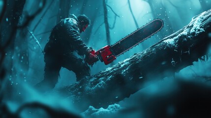 Chainsaw man in winter forest