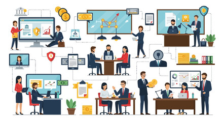 Dynamic financial team collaborating on investment strategies, analyzing data and achieving success