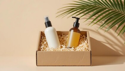 A clean and modern skincare product display featuring an open rectangular kraft paper box filled with shredded filler material, holding three different cosmetic bottles