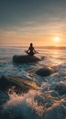 Fototapeta premium Woman Practicing Yoga on Coastal Rock at Sunrise – Hyper realistic Minimalist Ocean Landscape with Golden Light and Gentle Waves