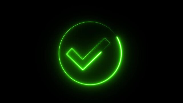 Glowing green check mark spinning to completion with a neon effect on a black backdrop