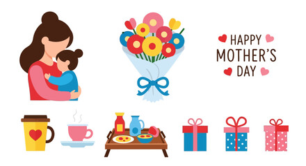 Fototapeta premium Celebrate Mother's Day with love, gifts, flowers, breakfast, and sweet hugs in a delightful greeting card