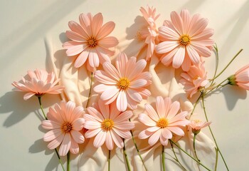 Fototapeta premium A tranquil arrangement of pink daisy flowers with soft petals, laid against a gentle backdrop, illuminated by natural light, evoking feelings of serenity, beauty, and delicate elegance.