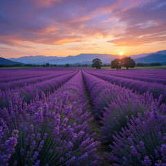 Vast Lavender Field at Sunset with Mountains in the Background