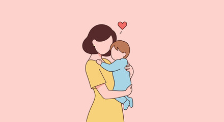 Loving mother embraces her child with heart above, celebrating motherhood and family bonding love