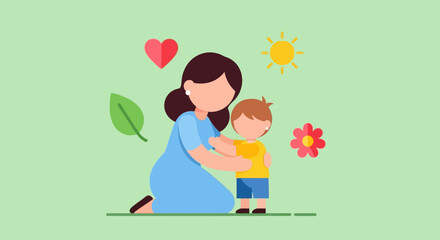 Loving mother embracing child with heart, sun, flower, and leaf around, family love concept