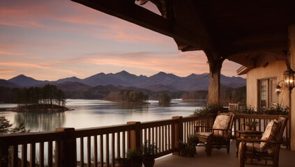 Lakefront porch at sunset. Mountain view