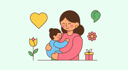 Adorable Mother's Day illustration showing a happy mother holding her child lovingly