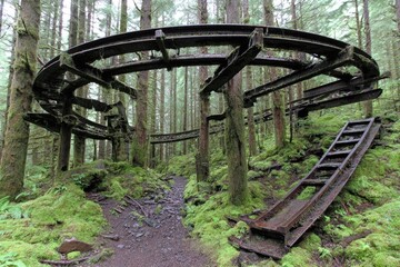 Rusty metal track system in a mossy forest
