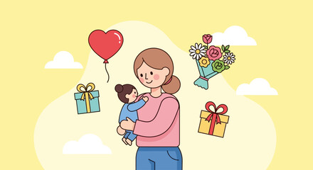 Adorable mother holding her child surrounded by gifts and flowers for a heartwarming celebration