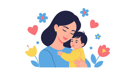 Obraz premium Loving mother embracing her happy baby, surrounded by hearts and flowers, family love, tenderness