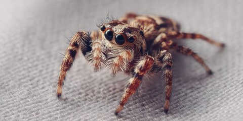 Close-up of a jumping spider on a textured surface.
