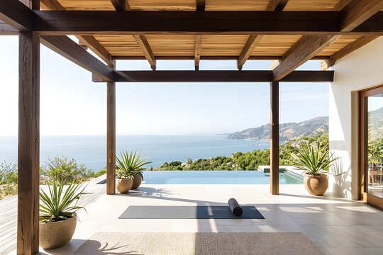 Tranquil yoga mat overlooking infinity pool and ocean view