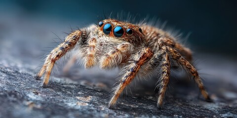 Close-up of a jumping spider on a rough surface.